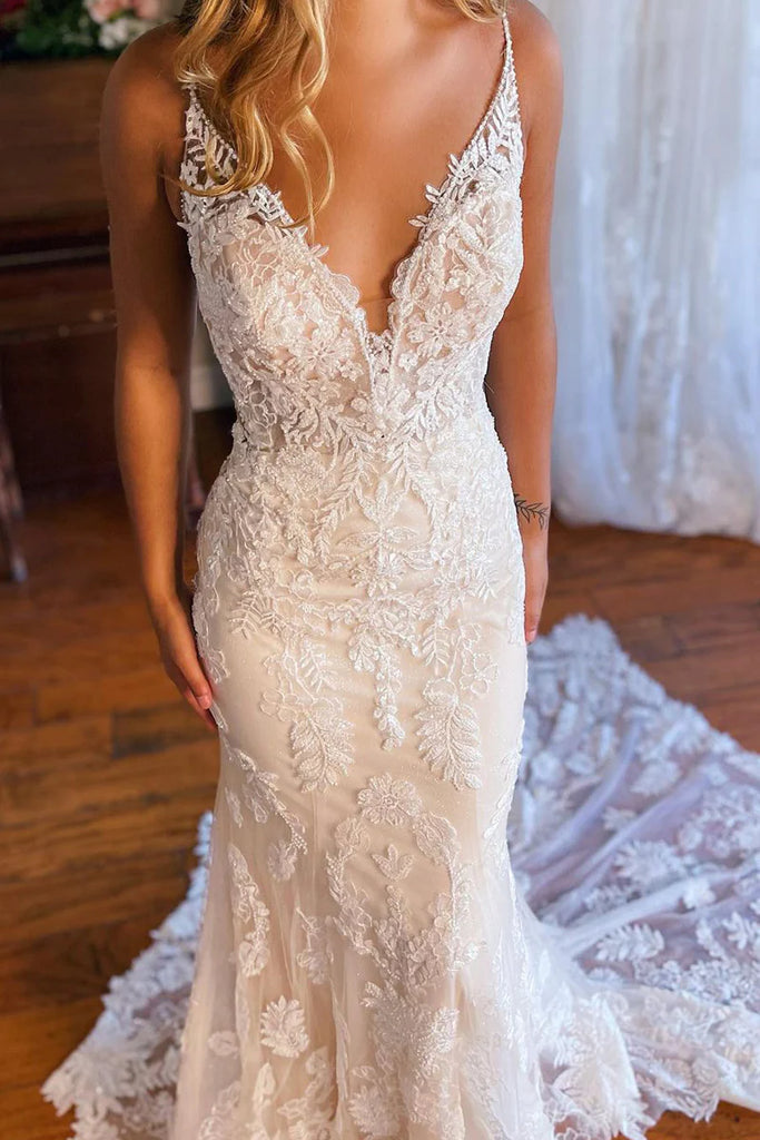 Elegant White Spaghetti Straps V Neck Lace Appliques Strapless Mermaid Long Wedding Dresses,WD55