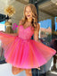 Elegant Pink Tulle Ruffle Sequin Spaghetti Straps V Neck A-Line Cheap Simple Short Homecoming Dresses, HD82