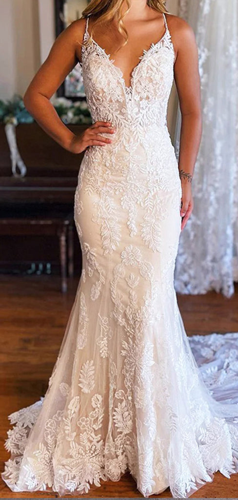 Elegant White Spaghetti Straps V Neck Lace Appliques Strapless Mermaid Long Wedding Dresses,WD55