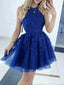 Sexy Halter Royal Blue Lace Appliques Tulle A-line Strapless Short Homecoming Dresses with Pleats, HD281