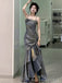 Elegant Gray Spaghetti Strap Pleats Ruffles Mermaid Long Evening Prom Dresses,MB18