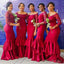 Elegant Red Beading Off Shoulder Half Sleeves Ruffle Mermaid Simple Long Cheap Bridesmaid Dresses ,BD96