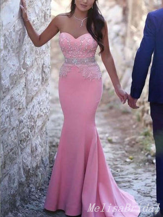 Sexy Pink Lace Appliques Beading Mermaid Sweetheart Strapless Evening Gown Long Prom Dresses with Pleats,MB297