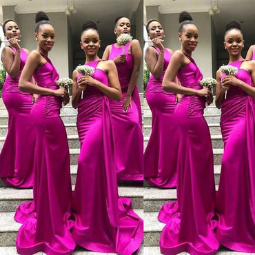 Elegant Pink Sleeveless Pleats Simple Cheap Mermaid Long Bridesmaid Dresses ,BD145