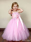 Unique Pink A-Line Strapless Long Tulle Ball Gown Flower Girl Dresses With Bow,FG60