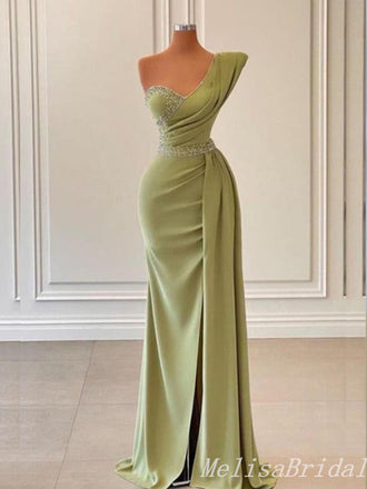 Green Beaded One Shoulder Mermaid Evening Gown Maxi Long Evening Party Prom Dresses ,MB779