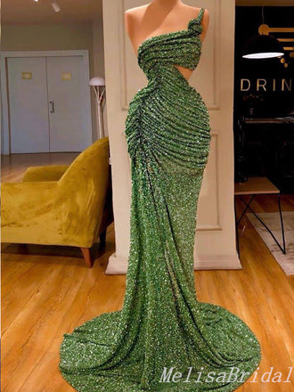 Sexy Sparkle Green One Shoulder Mermaid Evening Gown Long Formal Dresses Prom Dresses ,MB381