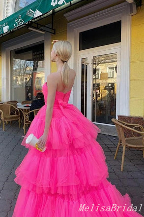 Pink Strapless High Low Layer Fluffy Evening Ball Gown Maxi Long Formal Dresses Prom Dresses ,MB582
