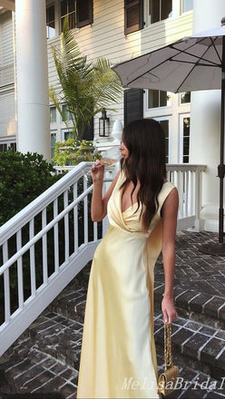 Elegant Light Yellow A-Line V-Neck Evening Gown Maxi Long Formal Dresses Prom Dresses,MB467
