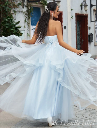 Sexy Light Blue Lace Appliques Tulle Sweetheart Strapless Evening Gown Long Prom Dresses with Ruffles,MB298