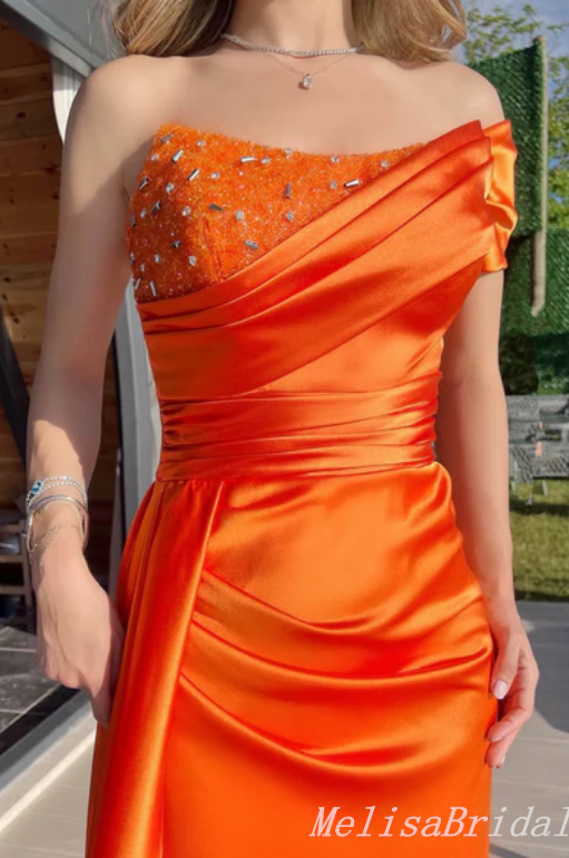 Sexy Orange Beaded Sheath Off-The-Shoulder Evening Gown Maxi Long Formal Dresses Prom Dresses,MB511