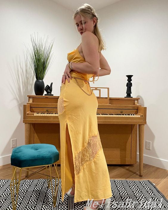 Sexy Yellow Spaghetti Straps Sheath Party Dress Long Prom Dresses to Impress ,MB995