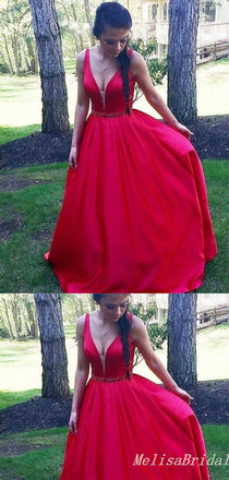 Sexy Red Plunging A-Line Evening Gown Maxi Long Formal Dresses Prom Dresses,MB482