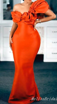 Orange One Shoulder Mermaid Evening Gown Maxi Long Evening Party Prom Dresses ,MB780