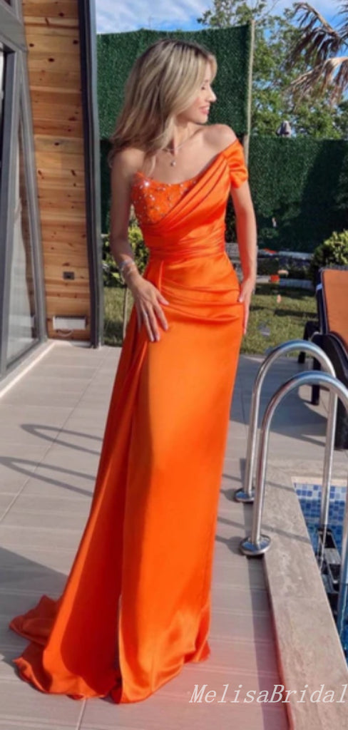 Sexy Orange Beaded Sheath Off-The-Shoulder Evening Gown Maxi Long Formal Dresses Prom Dresses,MB511