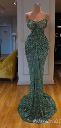 Sexy Sparkle Green Spaghetti Straps Mermaid Evening Gown Long Formal Dresses Prom Dresses,MB381