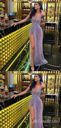 Charming Sexy High Slit Plunging Tulle Sheath Evening Gown Long Prom Dresses,MB318