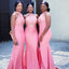 Elegant Pink Halter Sequin Simple Cheap Mermaid Long Bridesmaid Dresses,BD187