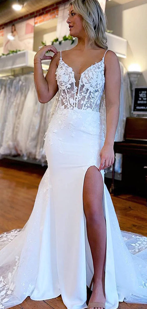 Elegant White Spaghetti Straps V Neck Lace Appliques Strapless Mermaid Long Wedding Dresses,WD56