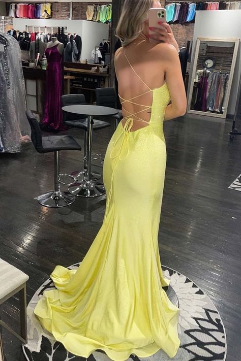 Sexy Yellow Side Slit One Shoulder Sequin Lace Up Back Mermaid Long Evening Prom Dresses,MB125