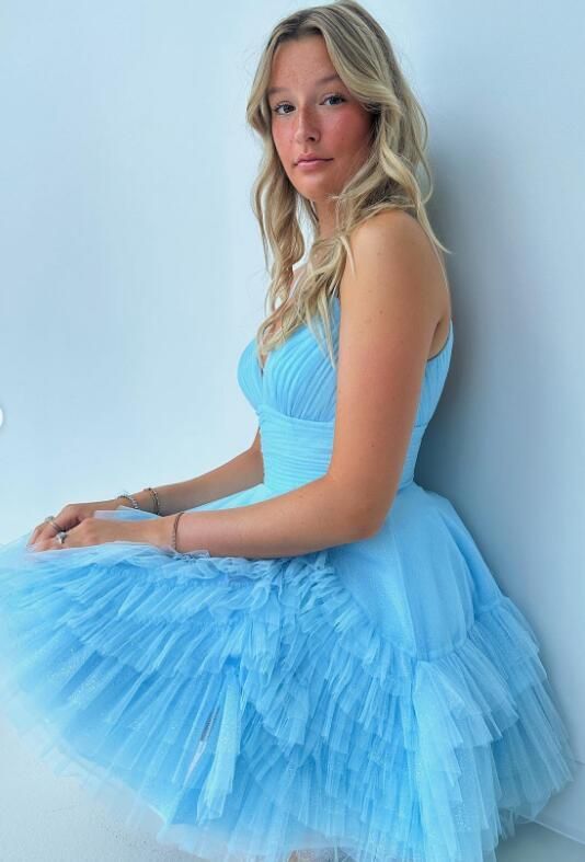 Elegant Blue Tulle Ruffle Pleats Spaghetti Straps V Neck A-Line Cheap Simple Short Homecoming Dresses, HD81