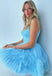 Elegant Blue Tulle Ruffle Pleats Spaghetti Straps V Neck A-Line Cheap Simple Short Homecoming Dresses, HD81