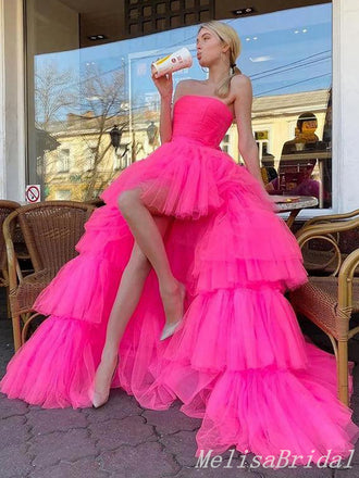 Pink Strapless High Low Layer Fluffy Evening Ball Gown Maxi Long Formal Dresses Prom Dresses ,MB582