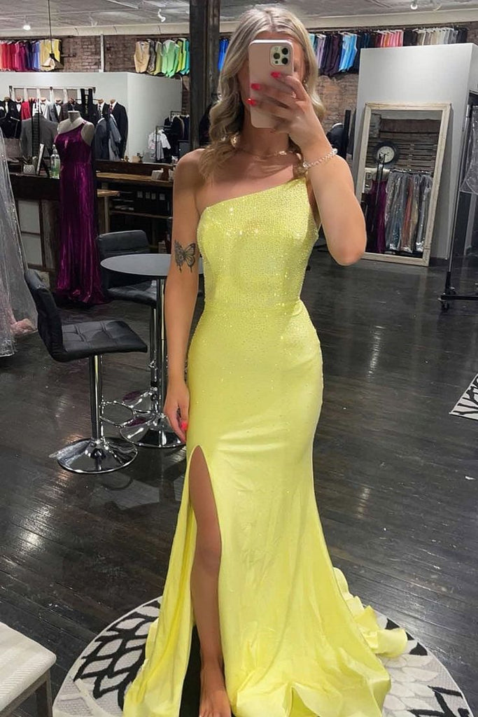 Sexy Yellow Side Slit One Shoulder Sequin Lace Up Back Mermaid Long Evening Prom Dresses,MB125