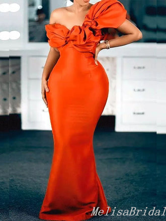 Orange One Shoulder Mermaid Evening Gown Maxi Long Evening Party Prom Dresses ,MB780