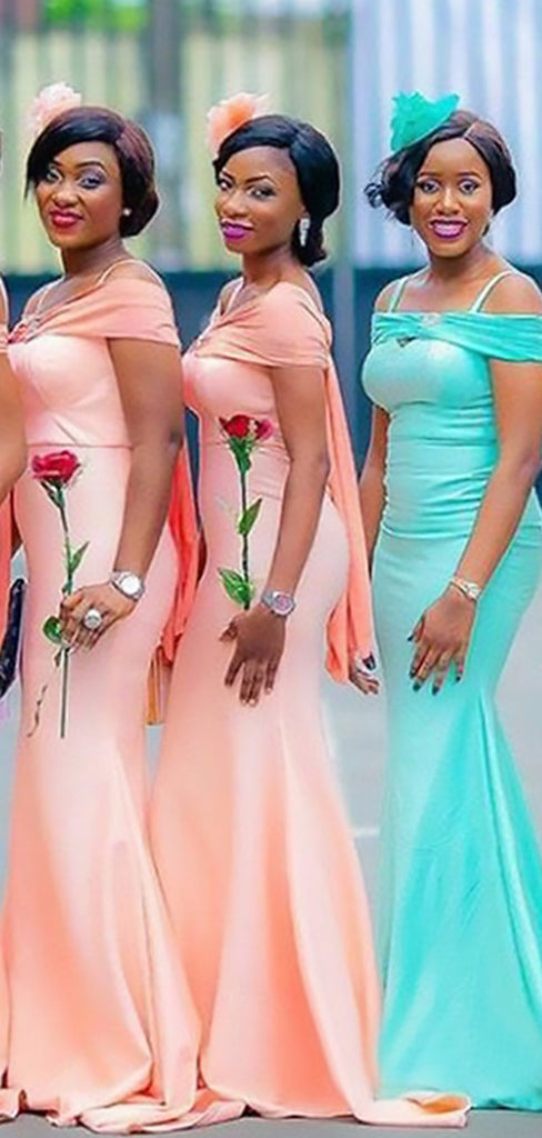 Elegant Spaghetti Straps Off Shoulder Mermaid Simple Long Cheap Bridesmaid Dresses ,BD97