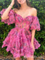 Sexy Off-the-shoulder Sweetheart A-line Floral Short Short Homecoming Dresses Tight with Ruffles, HD286