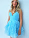 Elegant Blue Tulle Ruffle Pleats Spaghetti Straps V Neck A-Line Cheap Simple Short Homecoming Dresses, HD81