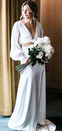 Simple V-Neck Two Piece A-Line Long Cheap Beach Wedding Dresses , WD19