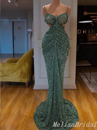 Sexy Sparkle Green Spaghetti Straps Mermaid Evening Gown Long Formal Dresses Prom Dresses,MB381