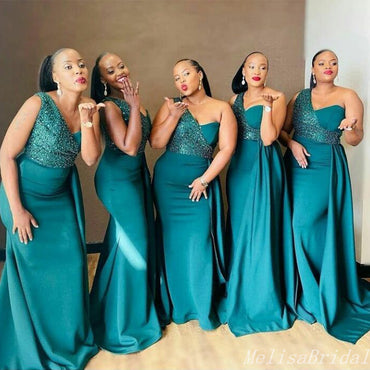 Sparkle One Shoulder Mermaid Plunging Long Bridesmaid Dresses  ,BD214