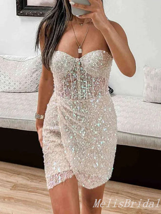 Sexy Sparkle Sweetheart Strapless Mermaid Short Homecoming Dresses Tight, HD302