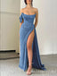 Blue Strapless Mermaid Evening Gown Long Evening Party Prom Dresses with High Slit,MB823