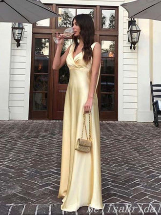 Elegant Light Yellow A-Line V-Neck Evening Gown Maxi Long Formal Dresses Prom Dresses,MB467