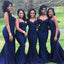 Sexy Dark Blue Spaggetti Straps Mermaid  Long Cheap Bridesmaid Dresses ,BD74