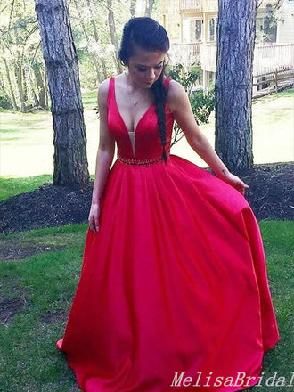 Sexy Red Plunging A-Line Evening Gown Maxi Long Formal Dresses Prom Dresses,MB482