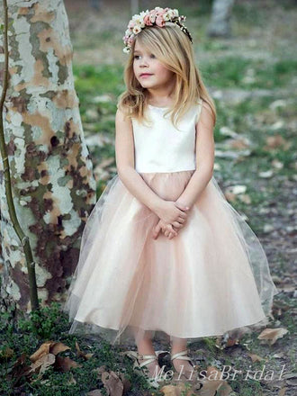 Cute Light Pink A- Line Tulle Cheap Simple Long Flower Girl Dresses,FG44