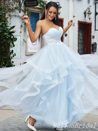 Sexy Light Blue Lace Appliques Tulle Sweetheart Strapless Evening Gown Long Prom Dresses with Ruffles,MB298