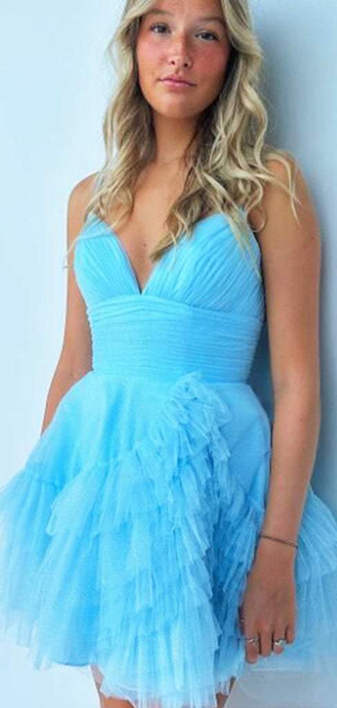 Elegant Blue Tulle Ruffle Pleats Spaghetti Straps V Neck A-Line Cheap Simple Short Homecoming Dresses, HD81