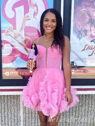 Elegant Pink Spaghetti Straps Tulle Pleats Simple Cheap A-Line Short Homecoming Dresses, HD200