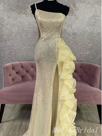 Sexy One Shoulder Spaghetti Straps Tulle Ruffles Side Slit Floor Length Mermaid Evening Gown Prom Dresses,MB213