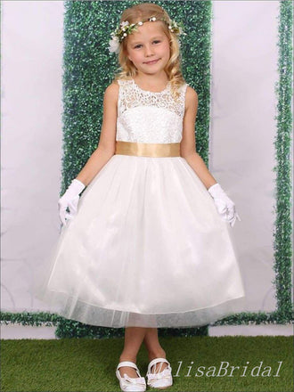 Cute White Lace Tulle A- Line Cheap Long Flower Girl Dresses ,FG27