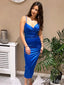 Sexy Royal Blue V Neck Pleats Sleeveless Maxi Long Mermaid Prom Dresses,MB54