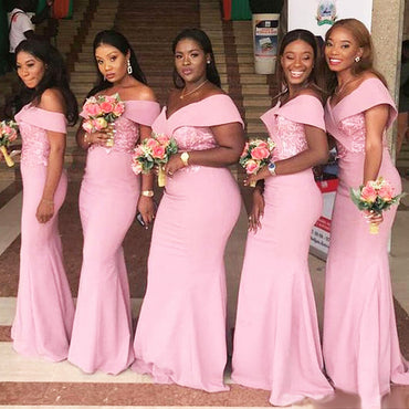 Elegant Pink Off Shoulder  Mermaid Long Cheap Bridesmaid Dresses ,BD59