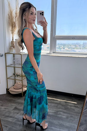 Elegant Blue Spaghetti Straps Ruffle Mermaid Long Evening Prom Dresses,MB107