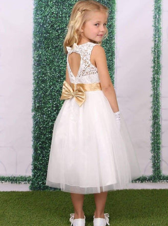 Cute White Lace Tulle A- Line Cheap Long Flower Girl Dresses ,FG27